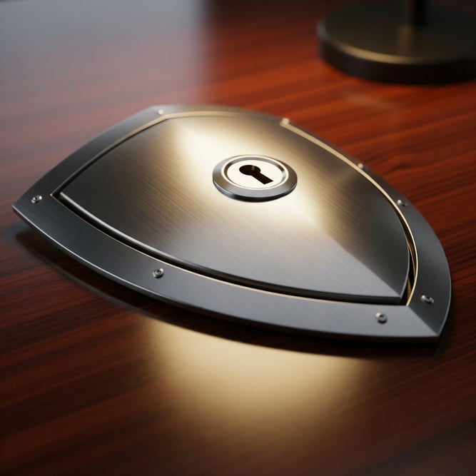 A minimalist icon of a shield with a keyhole in the center, symbolizing access to protection