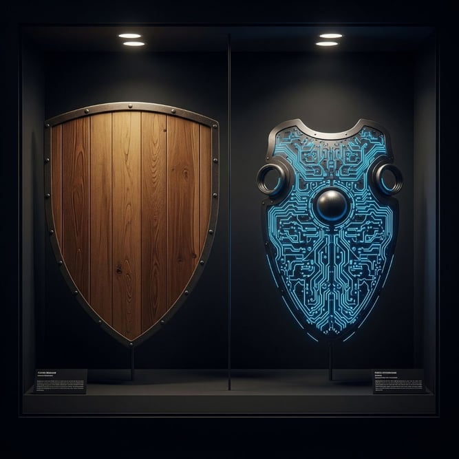 A visual comparison between a simple shield and a complex one, showing the need for specialized cyber insurance.