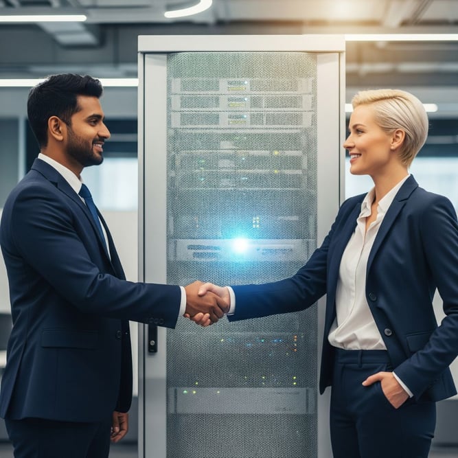 Two professionals shaking hands in a data center, representing a strategic partnership for managed IT services.Understanding CLI 1