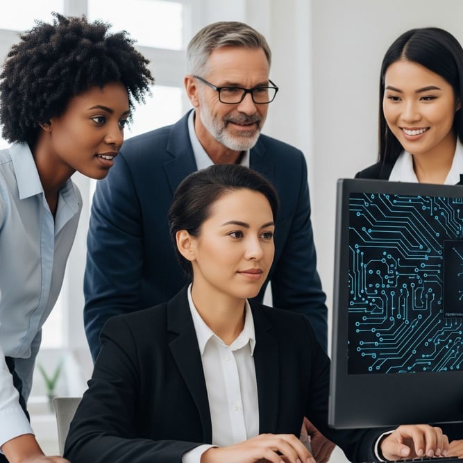 A diverse team of professionals collaborating around a computer, discussing cybersecurity strategies.