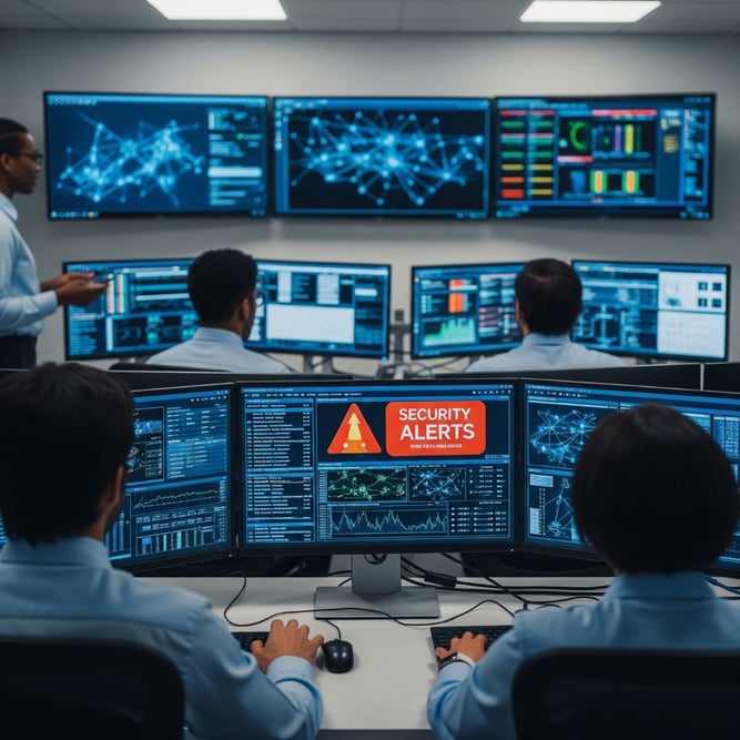 A network operations center with multiple screens displaying security alerts, symbolizing proactive threat monitoring.
