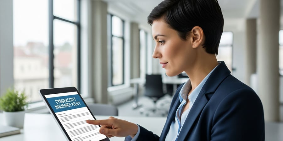 A business owner reviews a cybersecurity insurance policy on a tablet within a secure, modern office setting.